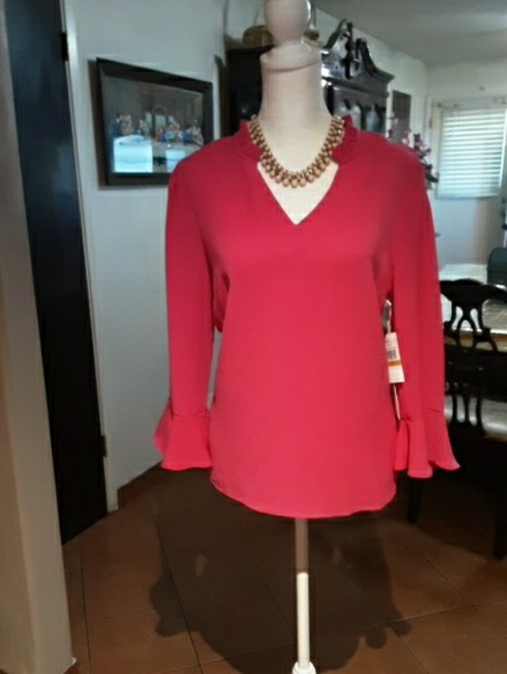 CeCe V-Neck Ruffle Cuff Blouse - Raspberry - Picture 3 of 11